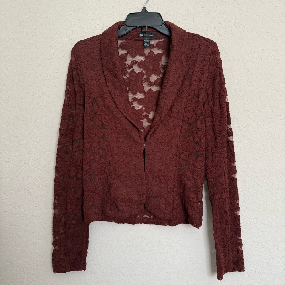 INC International Concepts Brown Lace Blazer Size S Whimsigoth Coquette Tailored